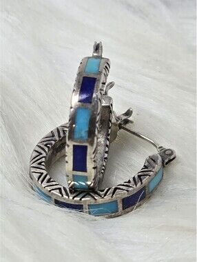 925 Sterling Turquoise Lapis Inlay Hoop Earrings Thailand
